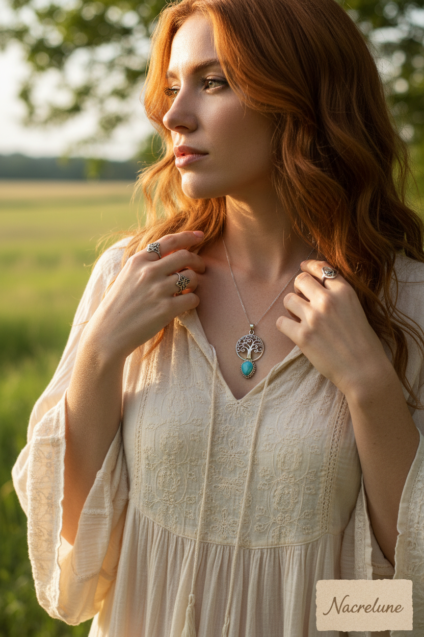 Pendentif turquoise porté - bohème rousse