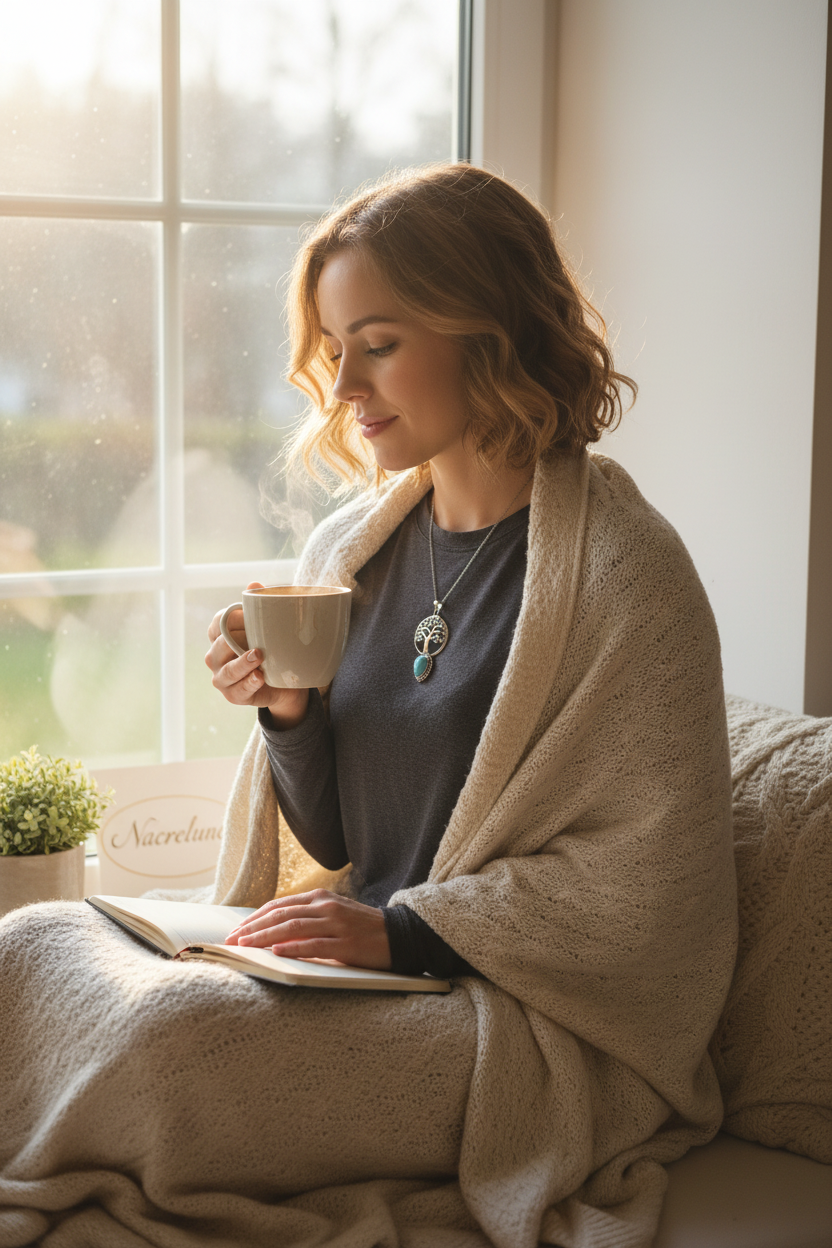 Pendentif turquoise porté - hygge café
