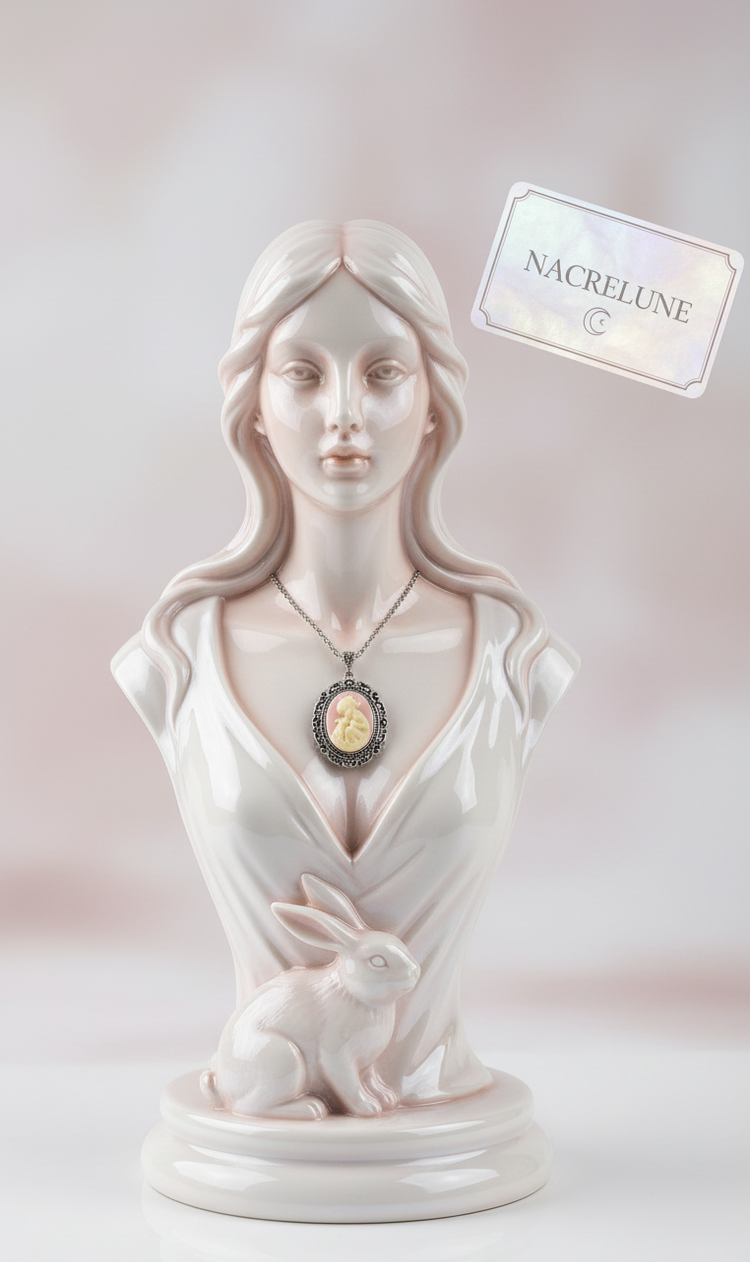 Grand Pendentif Camée Rose — Petite Fille & Son Lapin | NACRELUNE NACRELUNE pendentif