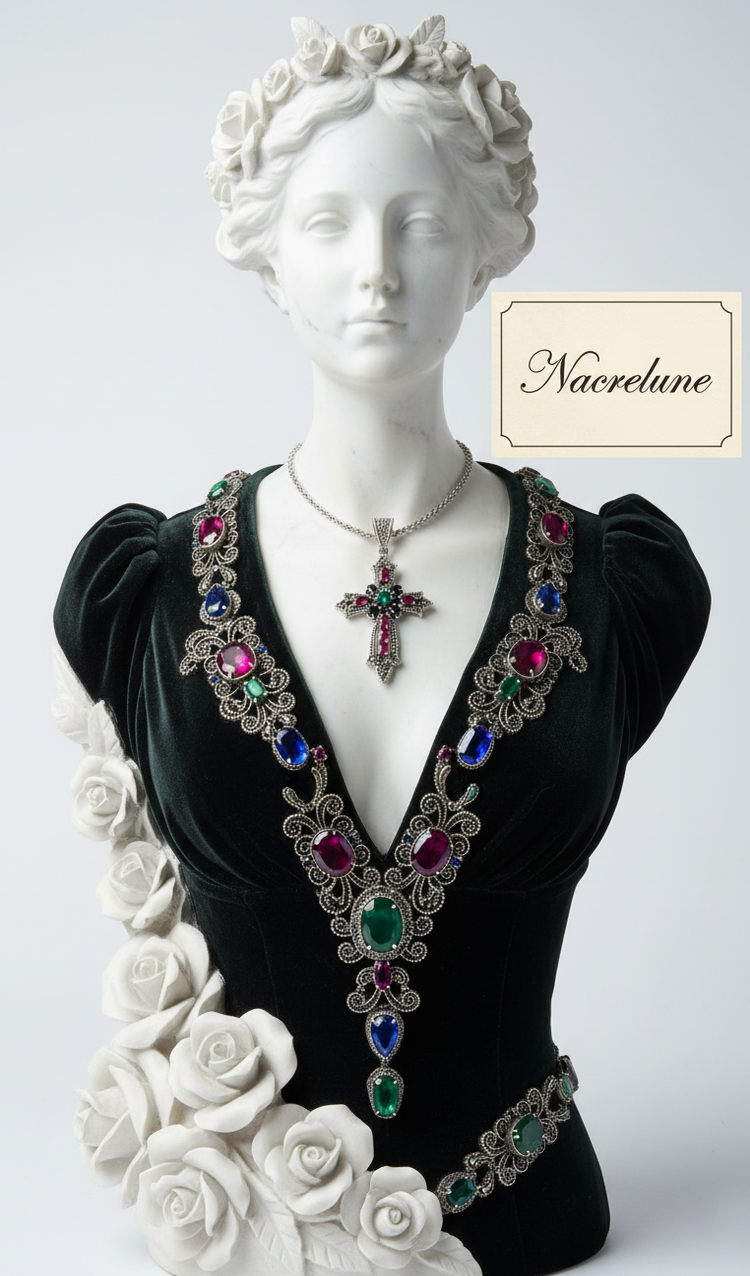 Pendentif Croix en Argent & Marcassites avec Rubis, Saphirs et Émeraudes | NACRELUNE NACRELUNE pendentif