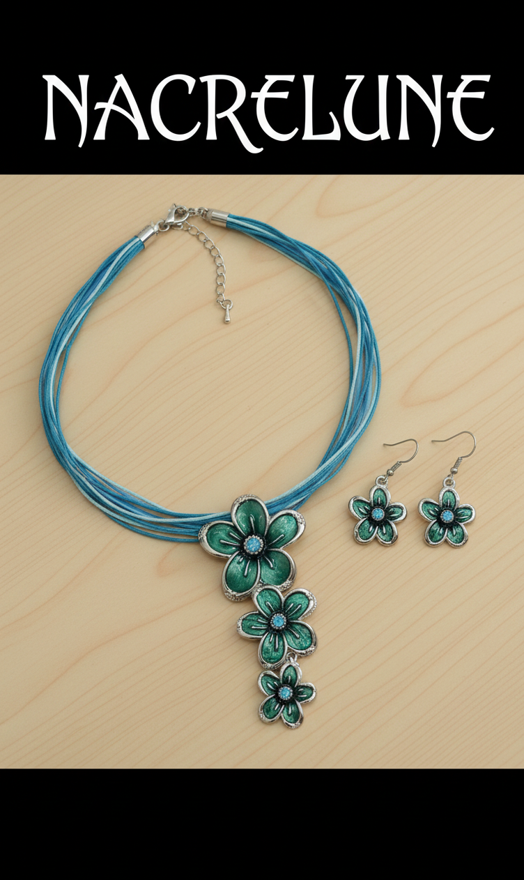 Pendentif Email & Strass Fleurs Bleu avec Boucles Assorties - Eclat Floral & Elegance Coordonnee | NACRELUNE NACRELUNE parure
