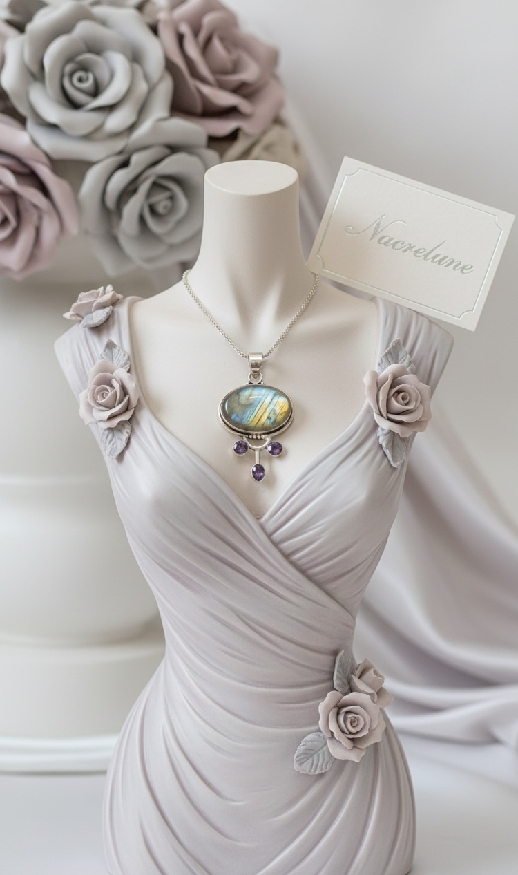 Pendentif en Argent 925 avec Labradorite et Améthystes | NACRELUNE NACRELUNE pendentif
