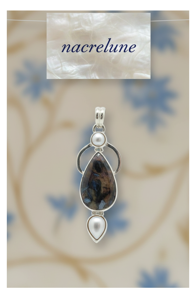 Pendentif Argent Véritable avec Perle Fine & Œil du Tigre Bleu | NACRELUNE NACRELUNE pendentif