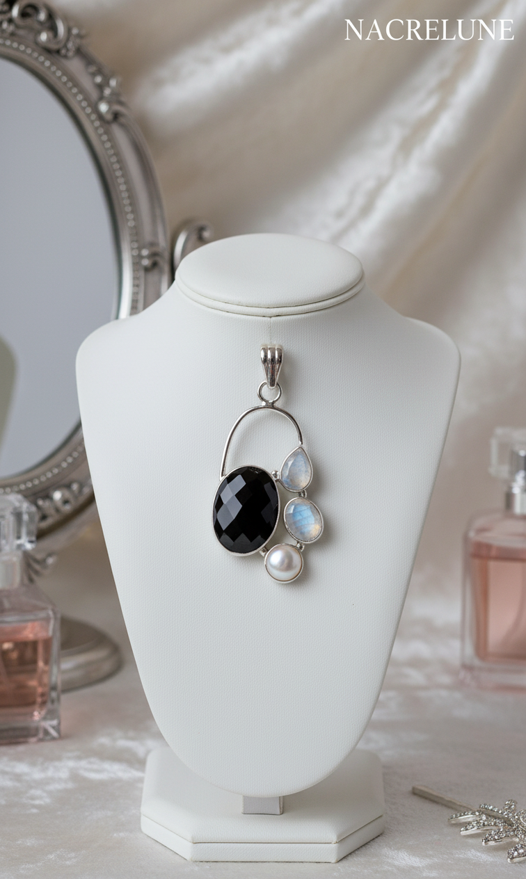925 sterling silver pendant with onyx, pearl and moonstones