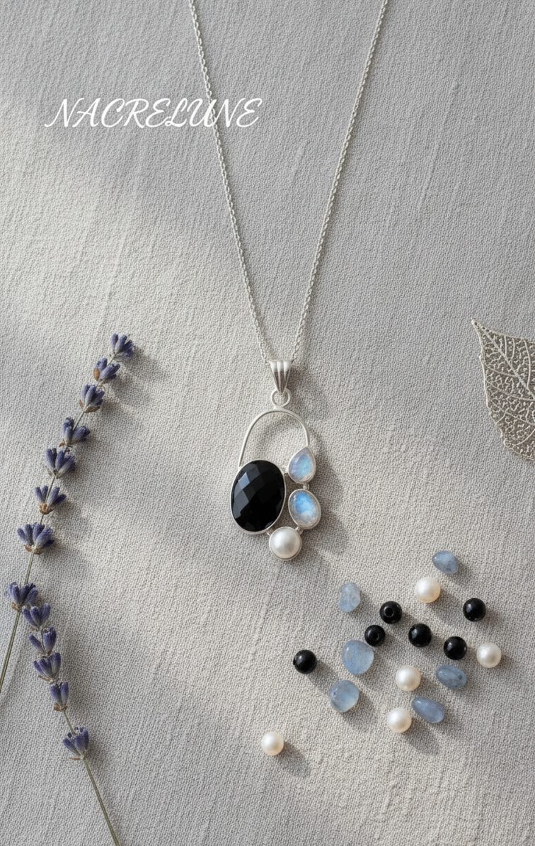 925 sterling silver pendant with onyx, pearl and moonstones