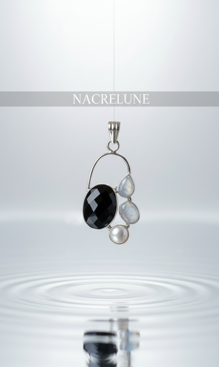 925 sterling silver pendant with onyx, pearl and moonstones