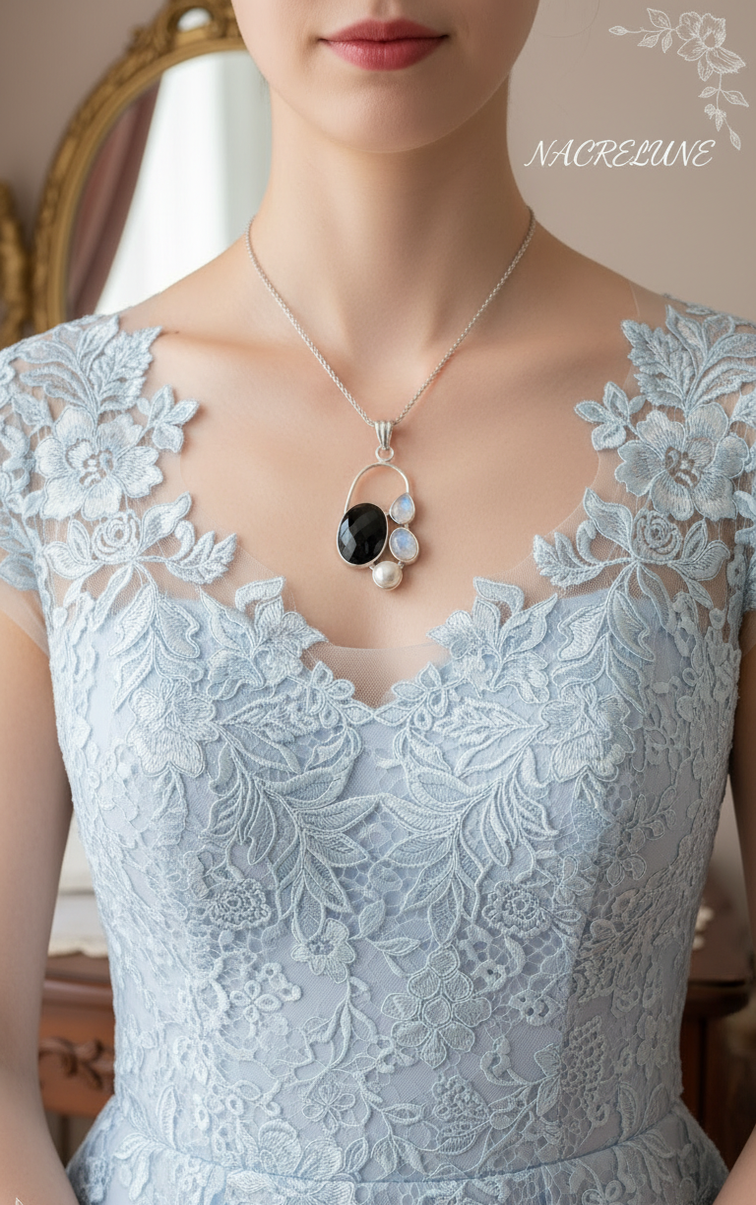 925 sterling silver pendant with onyx, pearl and moonstones