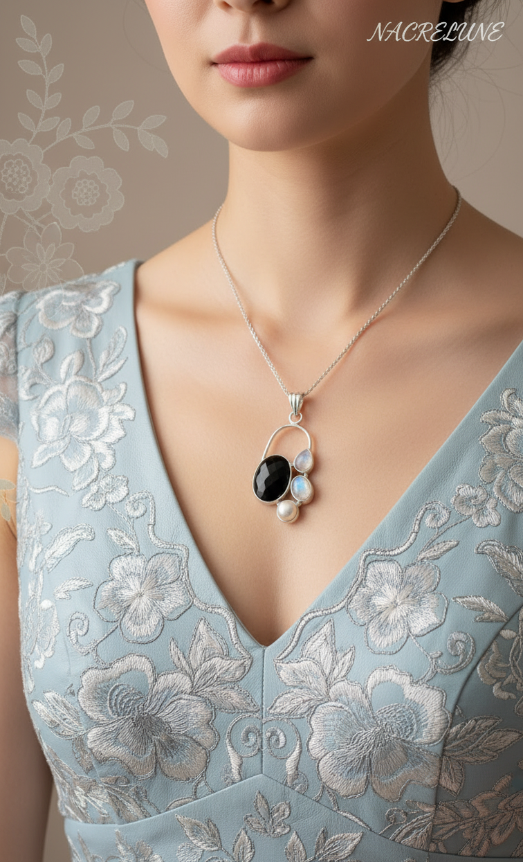 925 sterling silver pendant with onyx, pearl and moonstones
