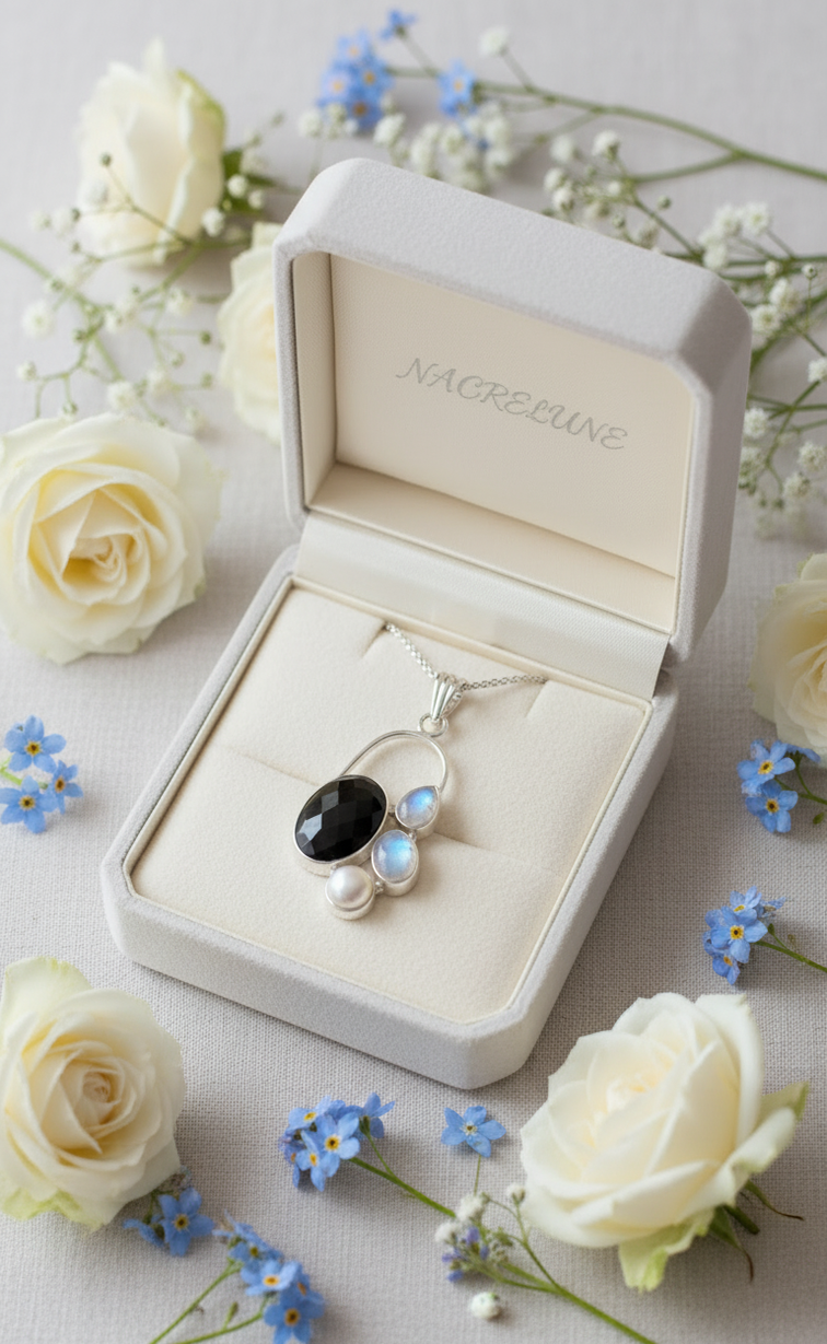 925 sterling silver pendant with onyx, pearl and moonstones