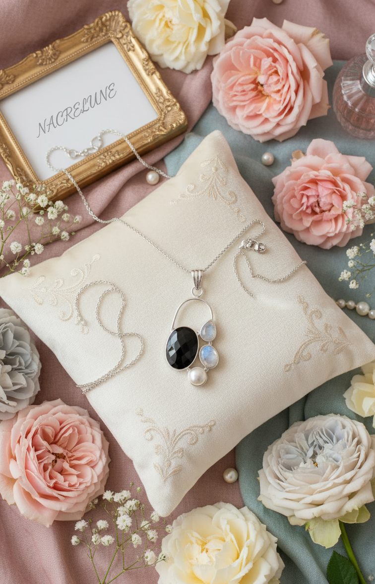 925 sterling silver pendant with onyx, pearl and moonstones