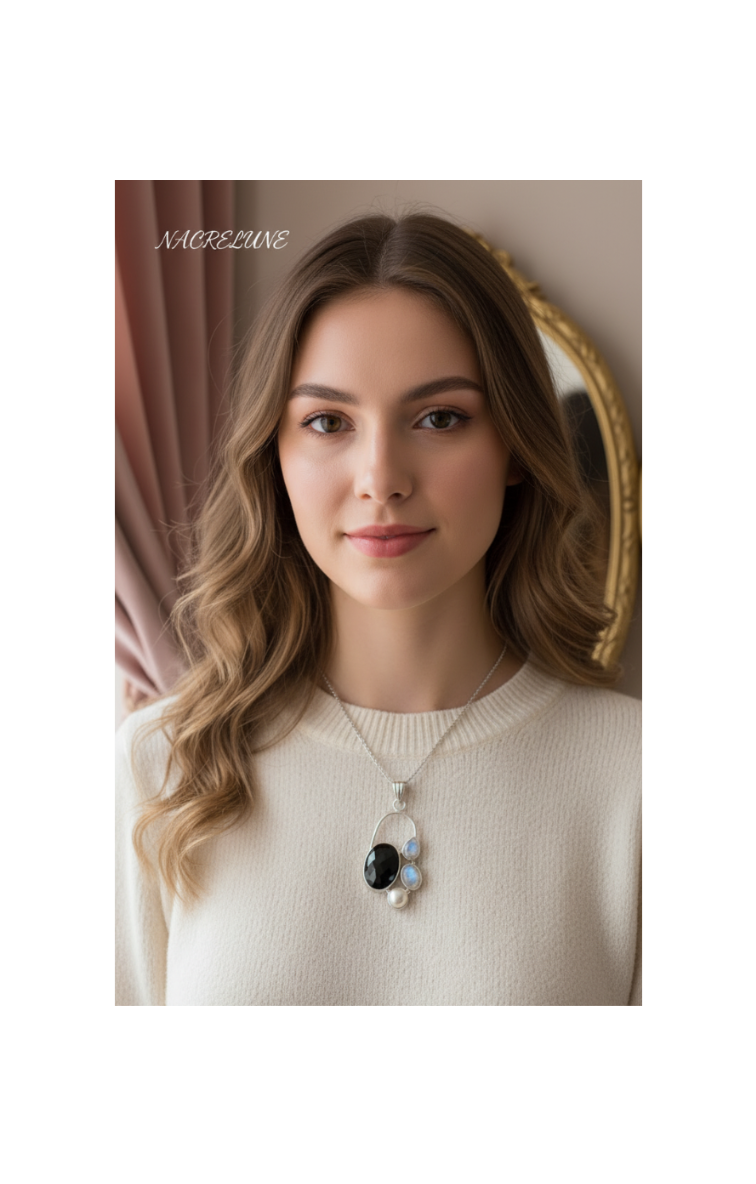 925 sterling silver pendant with onyx, pearl and moonstones