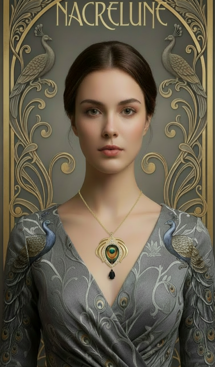 Pendentif Fantaisie Plume de Paon sur Longue Chaîne | NACRELUNE NACRELUNE pendentif