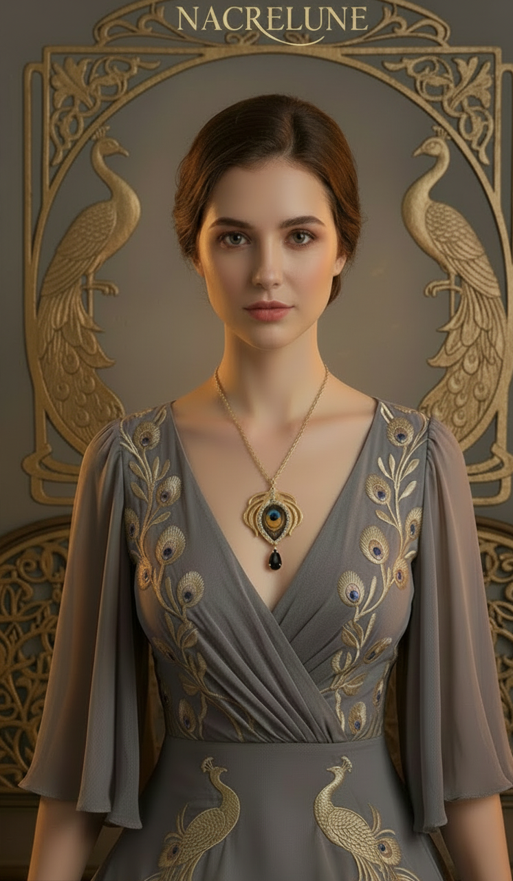 Pendentif Fantaisie Plume de Paon sur Longue Chaîne | NACRELUNE NACRELUNE pendentif