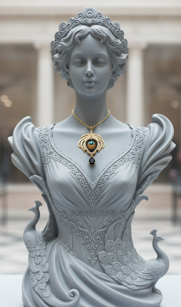 Pendentif Fantaisie Plume de Paon sur Longue Chaîne | NACRELUNE NACRELUNE pendentif