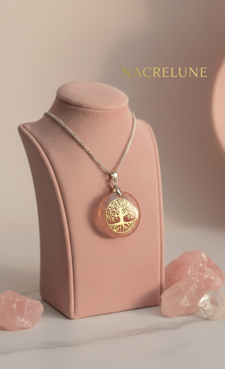 Pendentif Rond Quartz Rose Arbre de Vie Doré - Lithothérapie