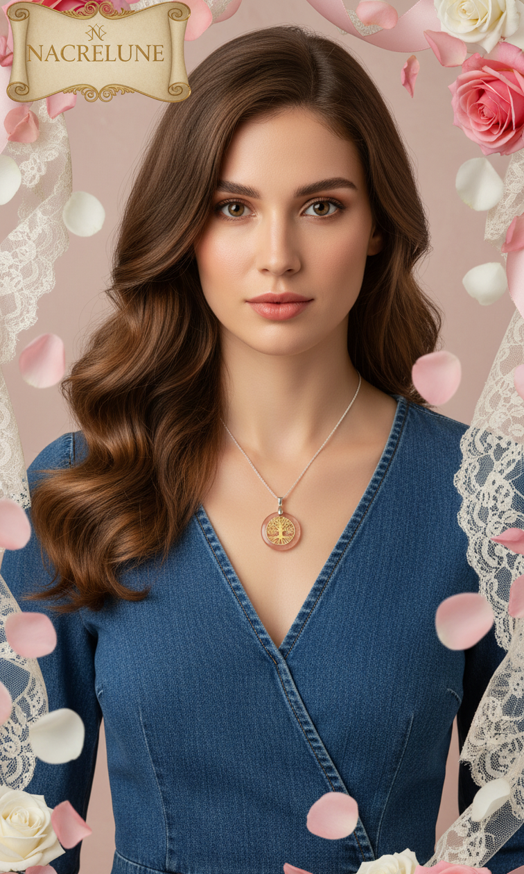 Pendentif Rond Quartz Rose Arbre de Vie Doré - Lithothérapie