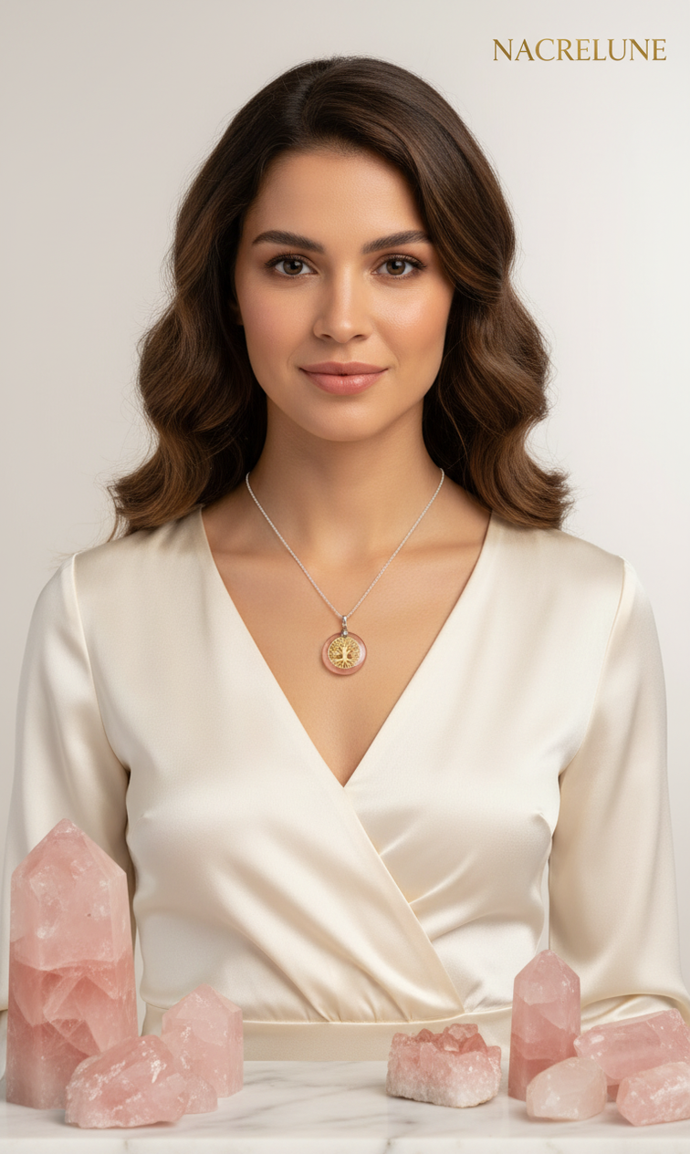 Pendentif Rond Quartz Rose Arbre de Vie Doré - Lithothérapie