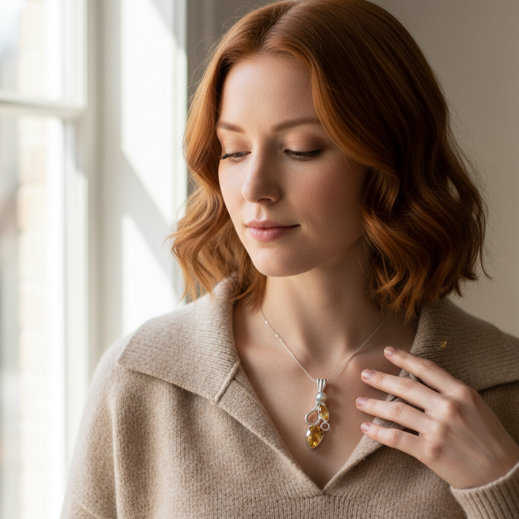 Pendentif en argent 925 avec perle et citrine taillée nacrelune.com collier