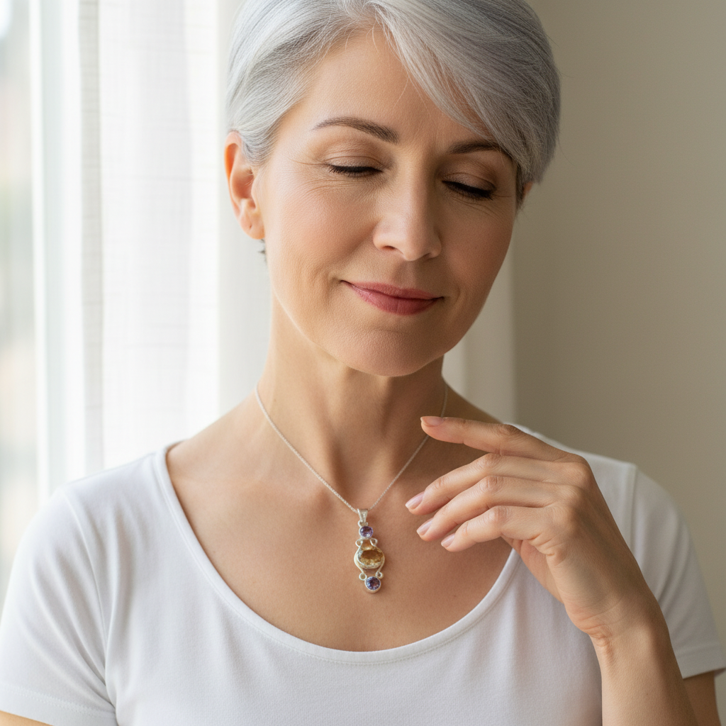 Pendentif argent 925 citrine et améthystes taillées - Élégance et brillance nacrelune.com collier