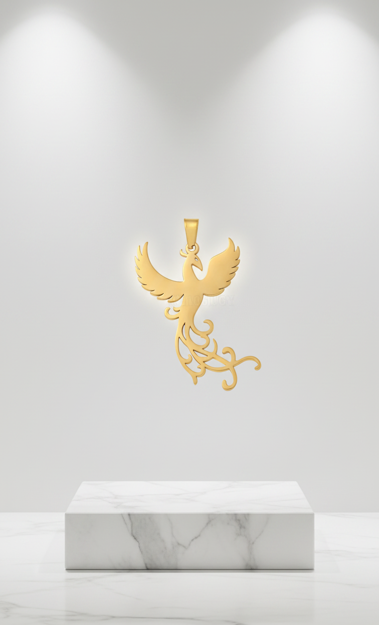 Pendentif Phénix Découpé au Laser – Acier Inoxydable 304, Plaqué Or 18K