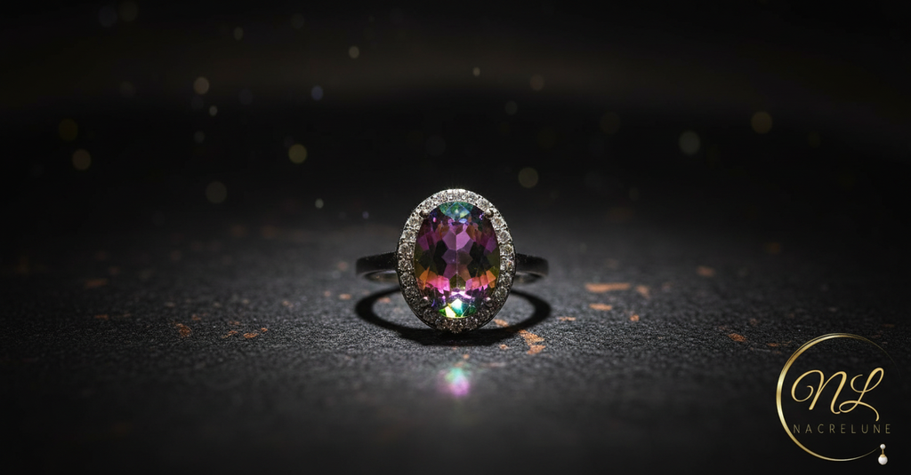 Bague en argent avec topaze mystique entourée de zirconias nacrelune.com Bague