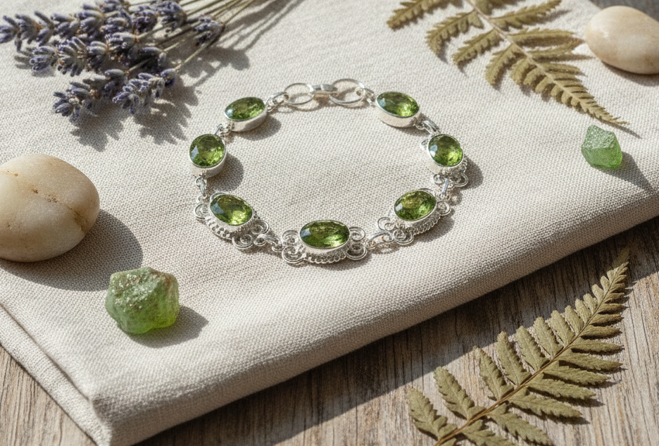 Bracelet en argent avec peridots (olivines) nacrelune.com bracelet