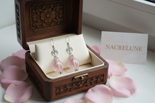 Pink earrings in vintage wooden box