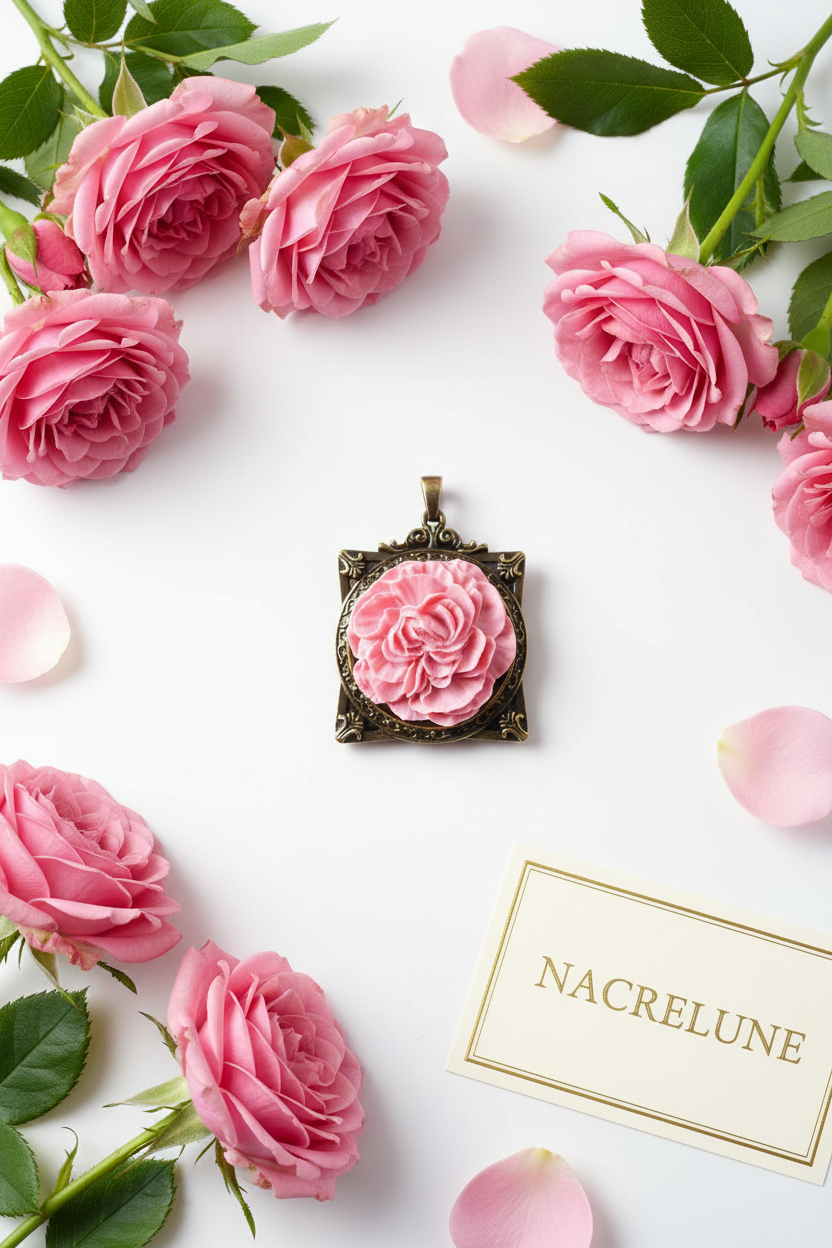 Pendentif cadre avec fleur, choisissez votre couleur Rose nacrelune.com pendentif