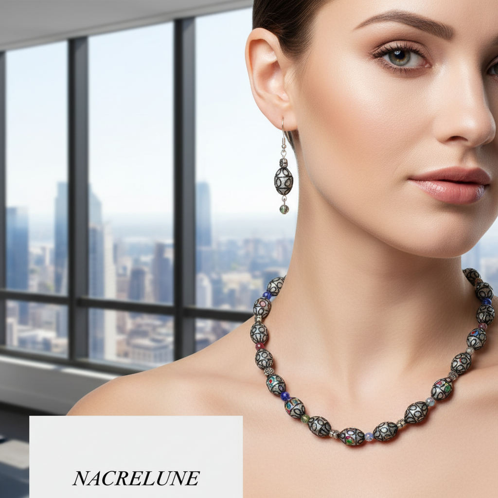 Parure en perles de verre dentelle noire avec millefleurs nacrelune.com parure