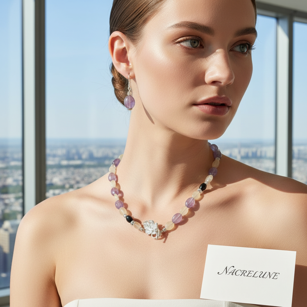 parure en perles naturelles d'améthystes citrines et onyx nacrelune.com parure