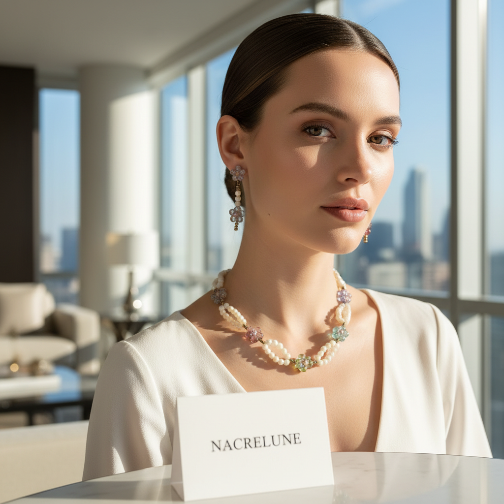 Parure en perles de nacre avec fleurs de verre nacrelune.com parure