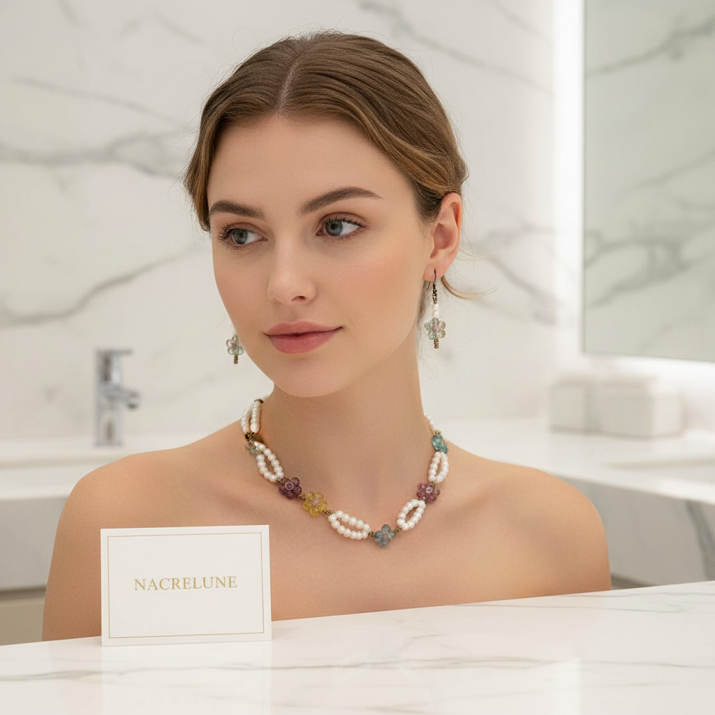 Parure en perles de nacre avec fleurs de verre nacrelune.com parure