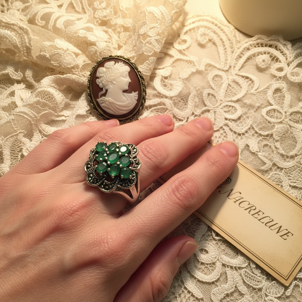 Bague en argent véritable et marcassites avec émeraudes vraies nacrelune.com Bague