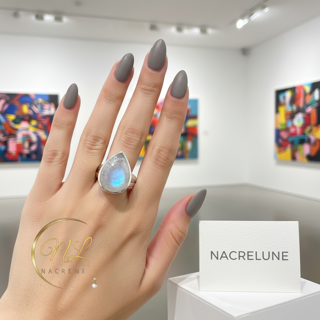 Bague en argent véritable avec magnifique pierre de lune bleue nacrelune.com Bague