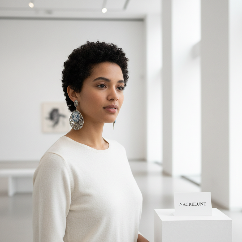 Grandes boucles d'oreille en forme de camée bleu fantaisie nacrelune.com boucles d'oreille