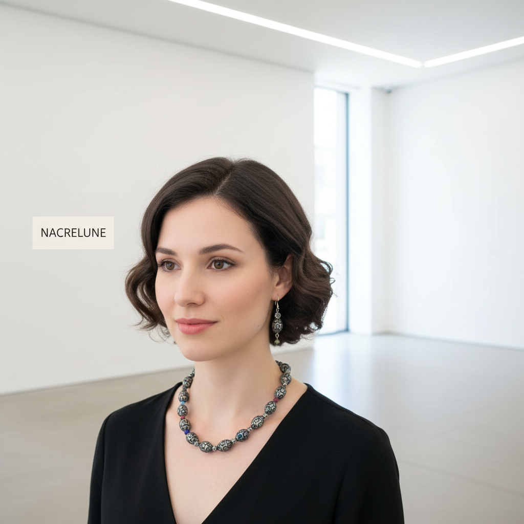 Parure en perles de verre dentelle noire avec millefleurs nacrelune.com parure