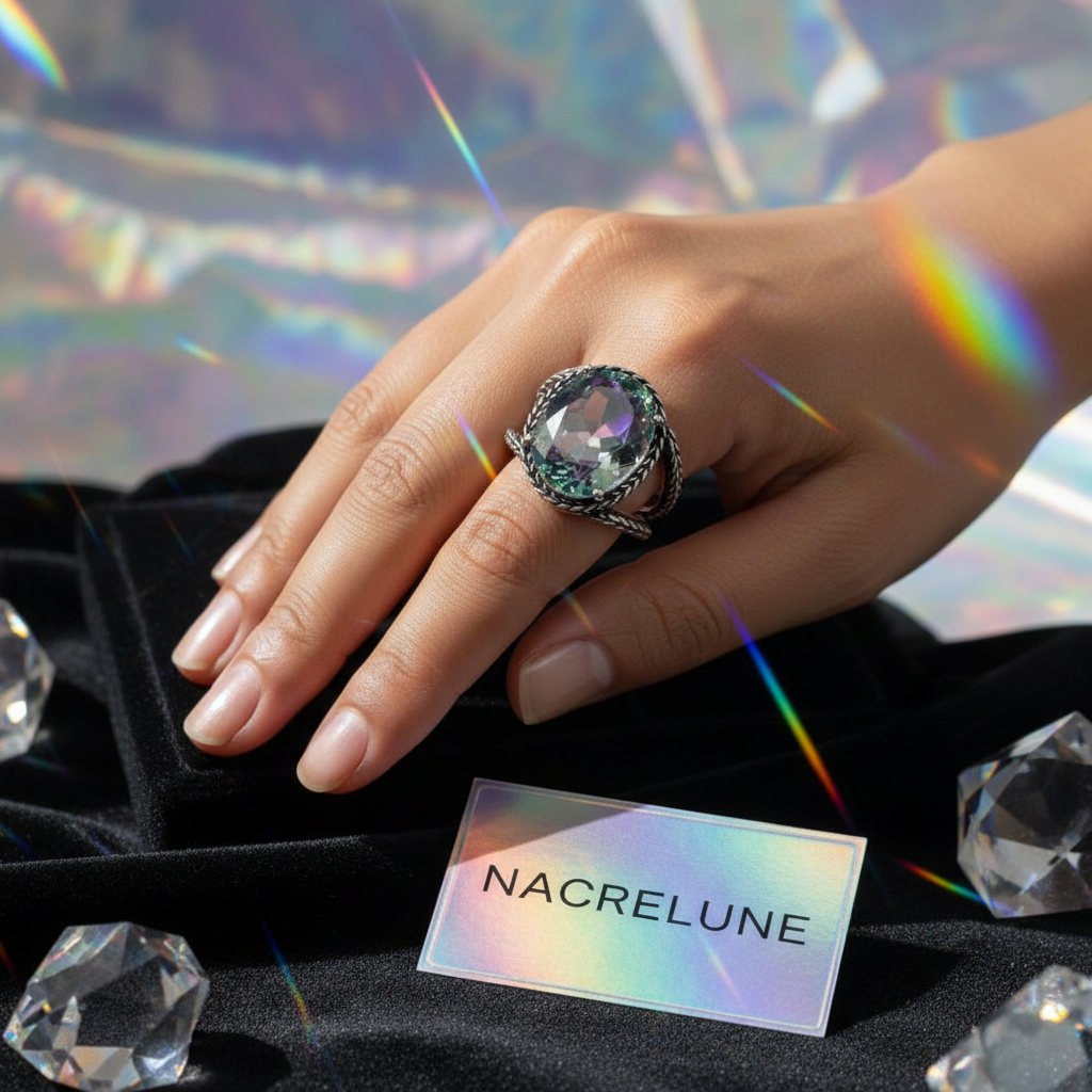 Bague en argent 925 avec topaze traitée mystique multicolore nacrelune.com Bague