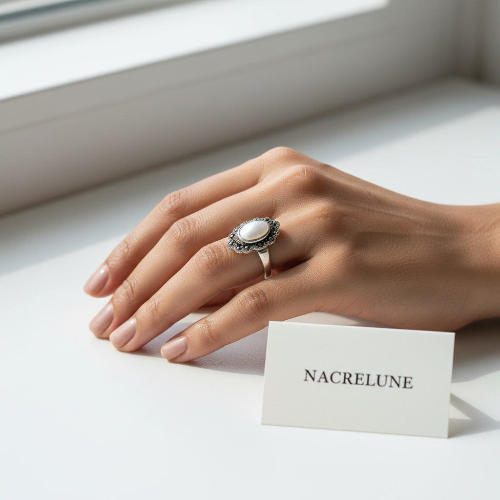 Bague en argent véritable avec marcassites et cabochon de nacre naturelle nacrelune.com Bague