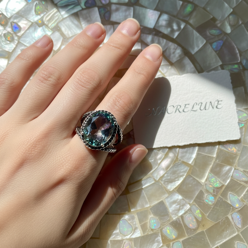 Bague en argent 925 avec topaze traitée mystique multicolore nacrelune.com Bague