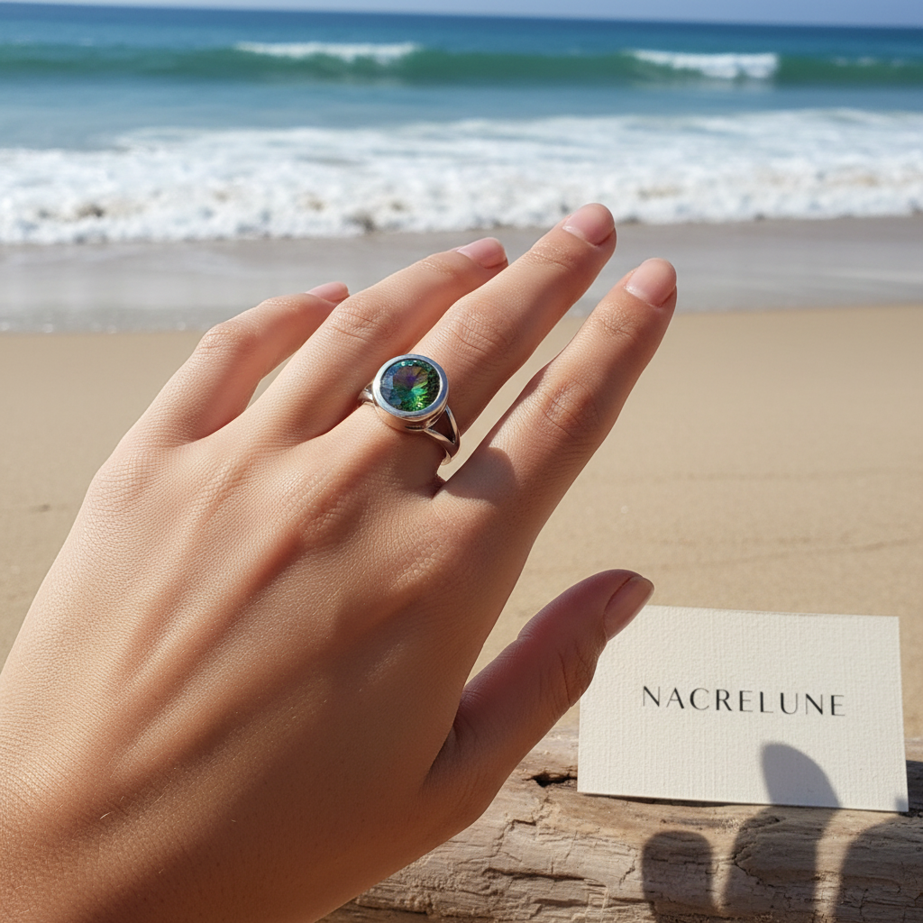 Bague en argent avec topaze taillée traitée mystique nacrelune.com Bague