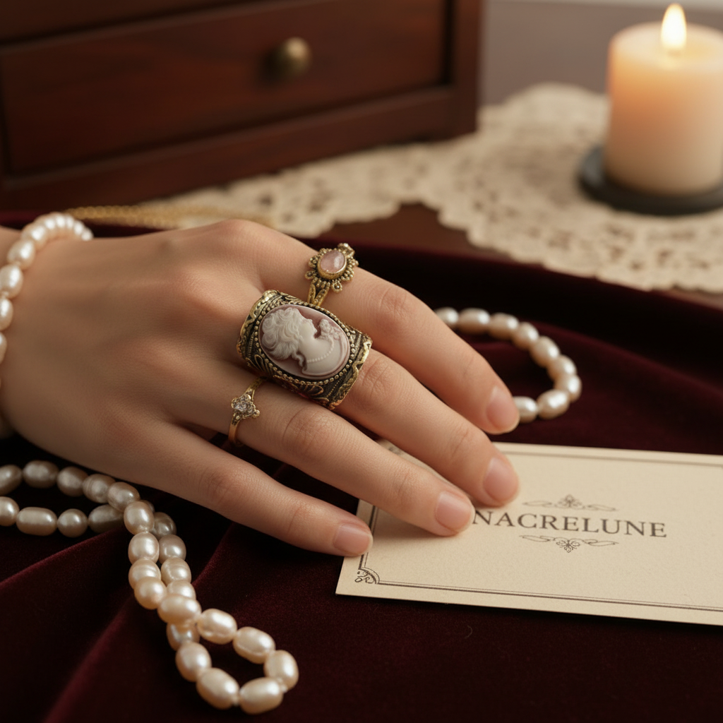 Bague fantaisie vieil or avec camée nacrelune.com Bague