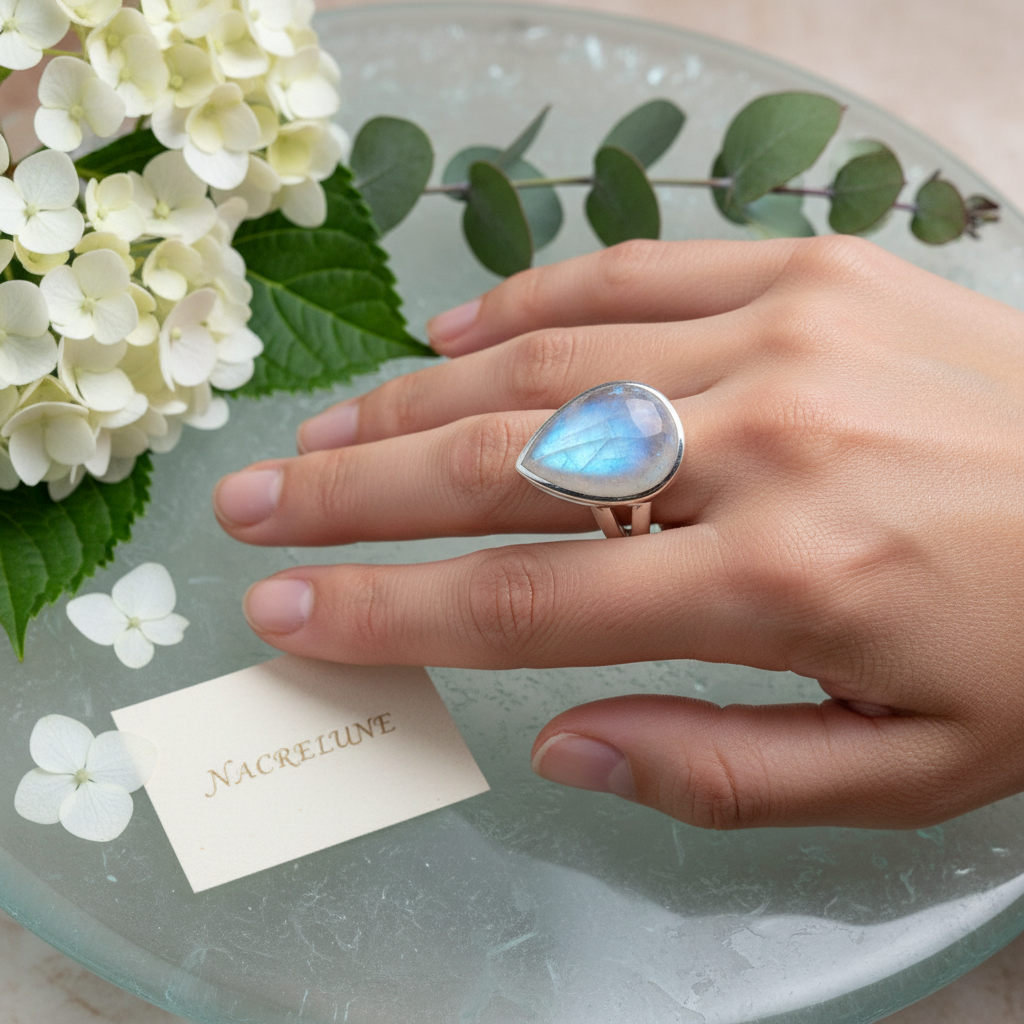 Bague en argent véritable avec magnifique pierre de lune bleue nacrelune.com Bague