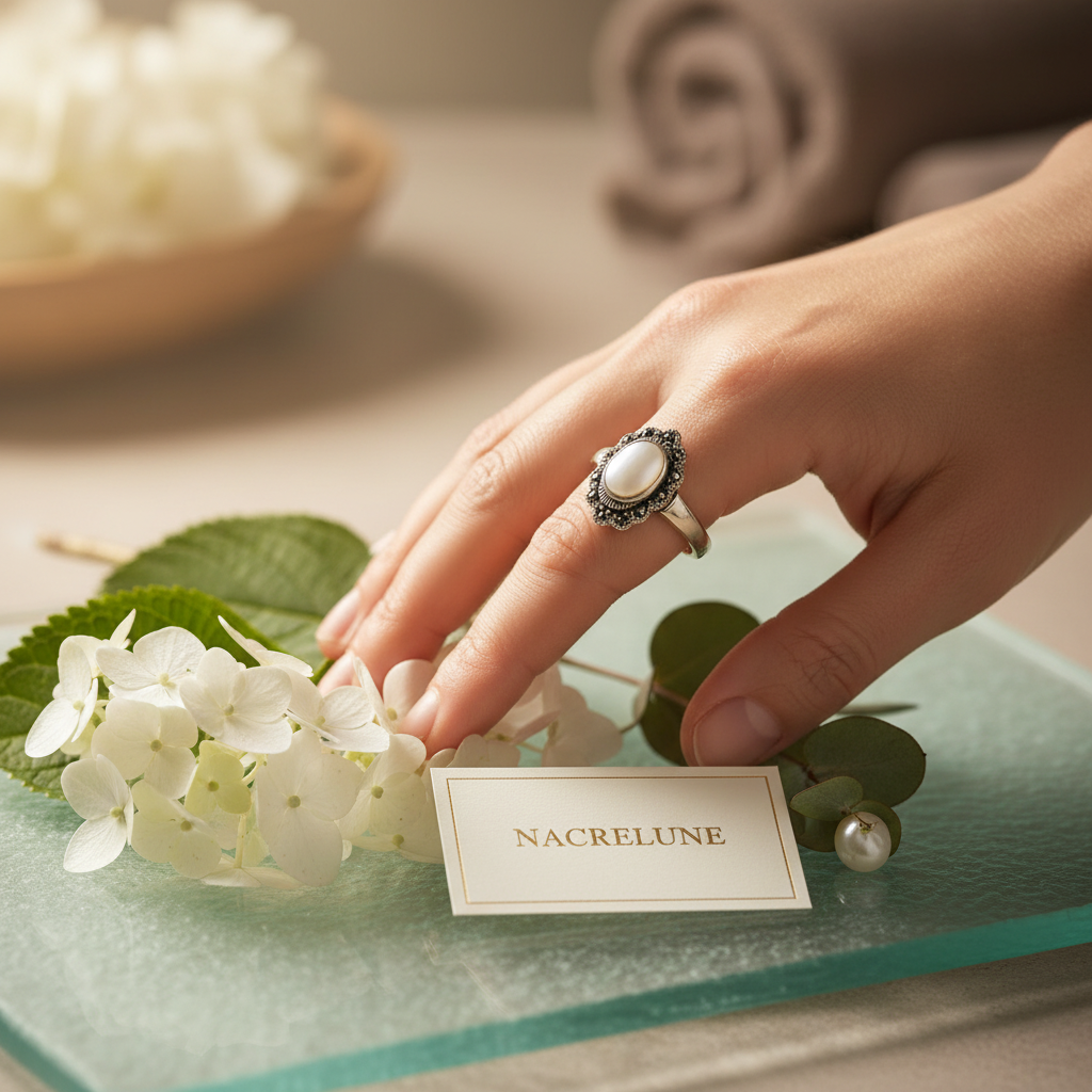 Bague en argent véritable avec marcassites et cabochon de nacre naturelle nacrelune.com Bague