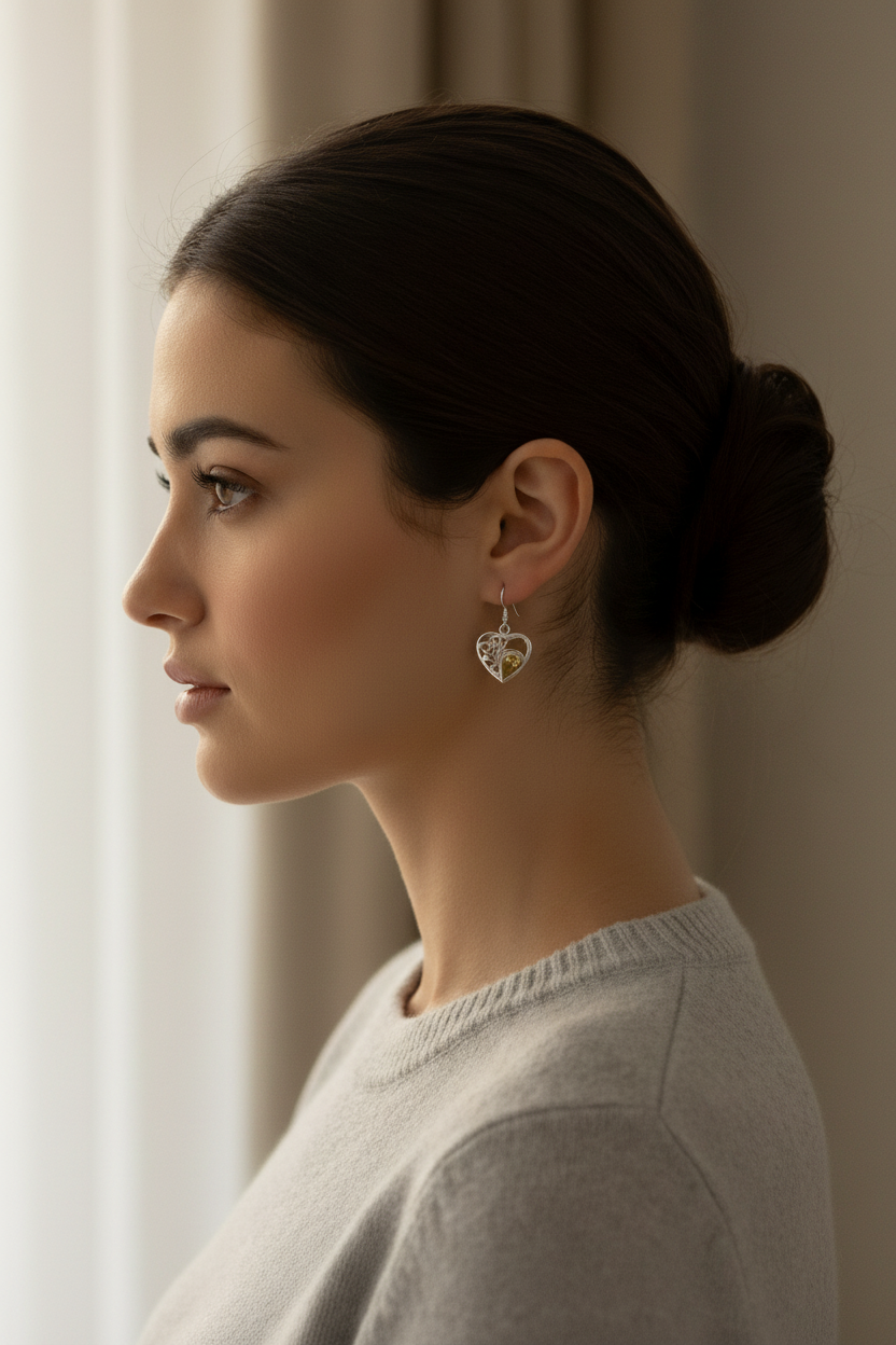 Boucles d’oreille en argent avec citrines en forme de coeur nacrelune.com boucles d'oreille