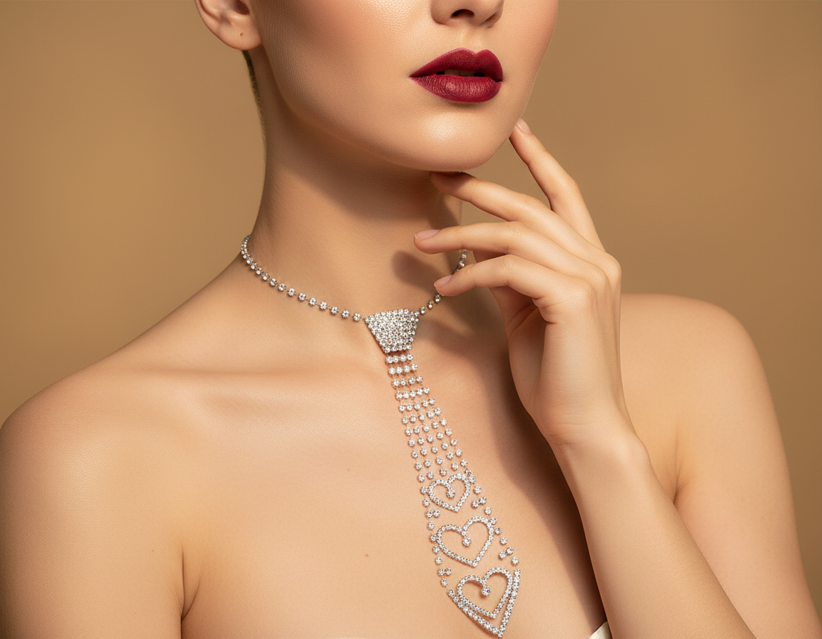 Collier cravate en strass blancs en forme de coeurs NACRELUNE collier