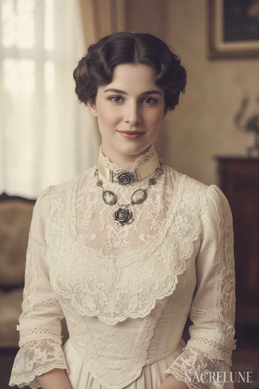 Collier Camées sur Ruban Satin, Dentelle et Vintage Édouardien nacrelune.com collier