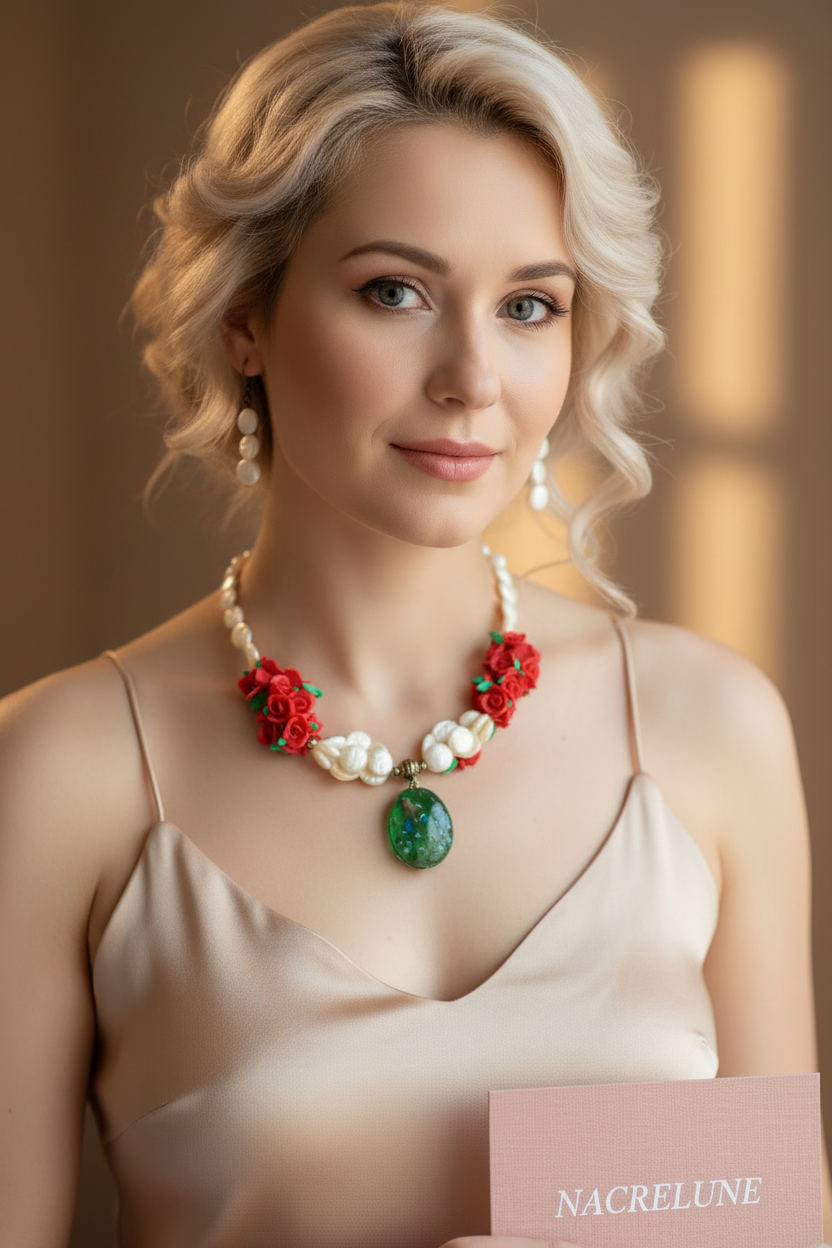 parure en perles pastilles de nacre, petites roses rouges en fimo et grande perle en verre décoré nacrelune.com parure