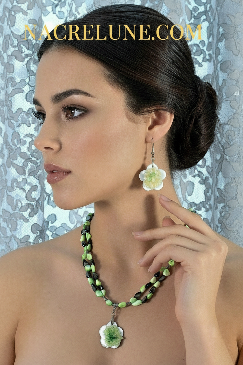 Parure perles de nacre colorées avec fleur en nacre nacrelune.com parure