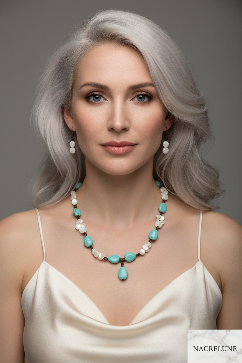 parure en perles pastilles de nacre et perles en turquoise nacrelune.com parure