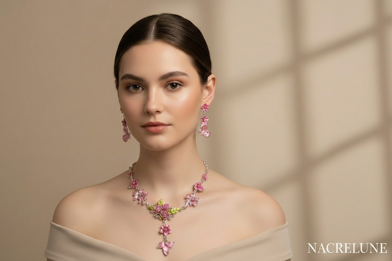 Parure en émail avec fleurs et feuilles, choisissez votre couleur nacrelune.com parure